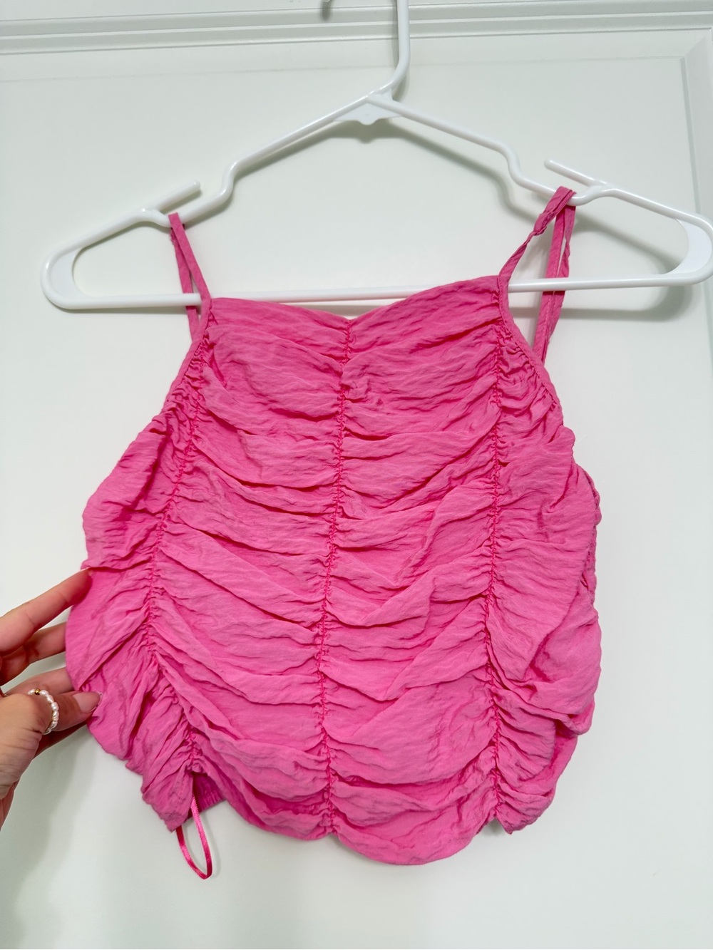 Girls Pink Ruched Spaghetti-Strap Tank Top